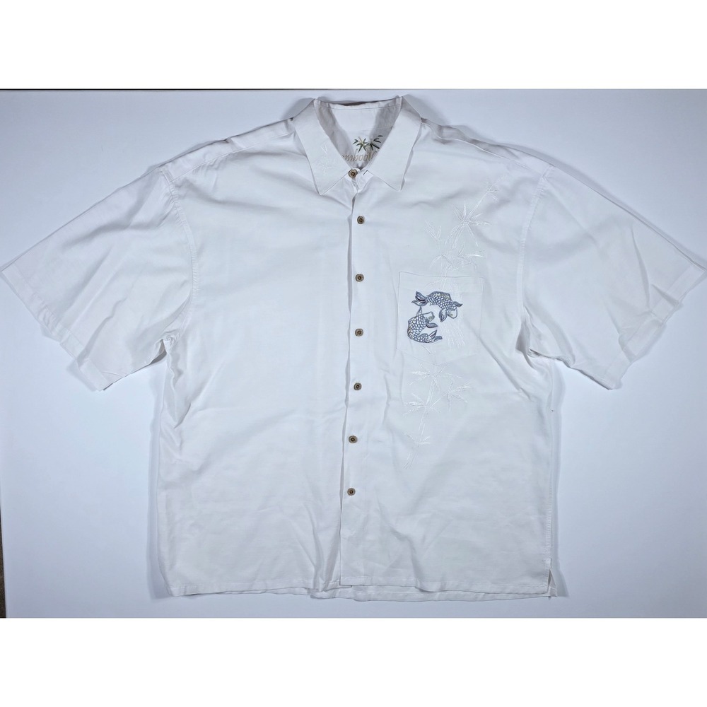 Bamboo Cay Mens XXL White Koi Fish Bamboo Embroidered Modal Camp Shirt Short Slv
